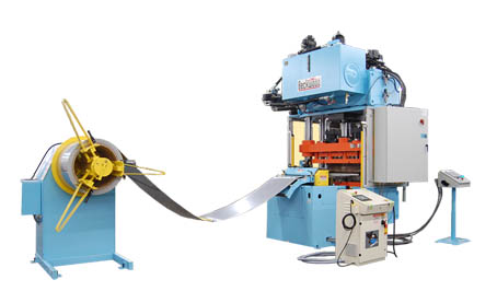 100 Ton 4-Post Triple Action Hydraulic Press with a bed ejector and external roll feed system.